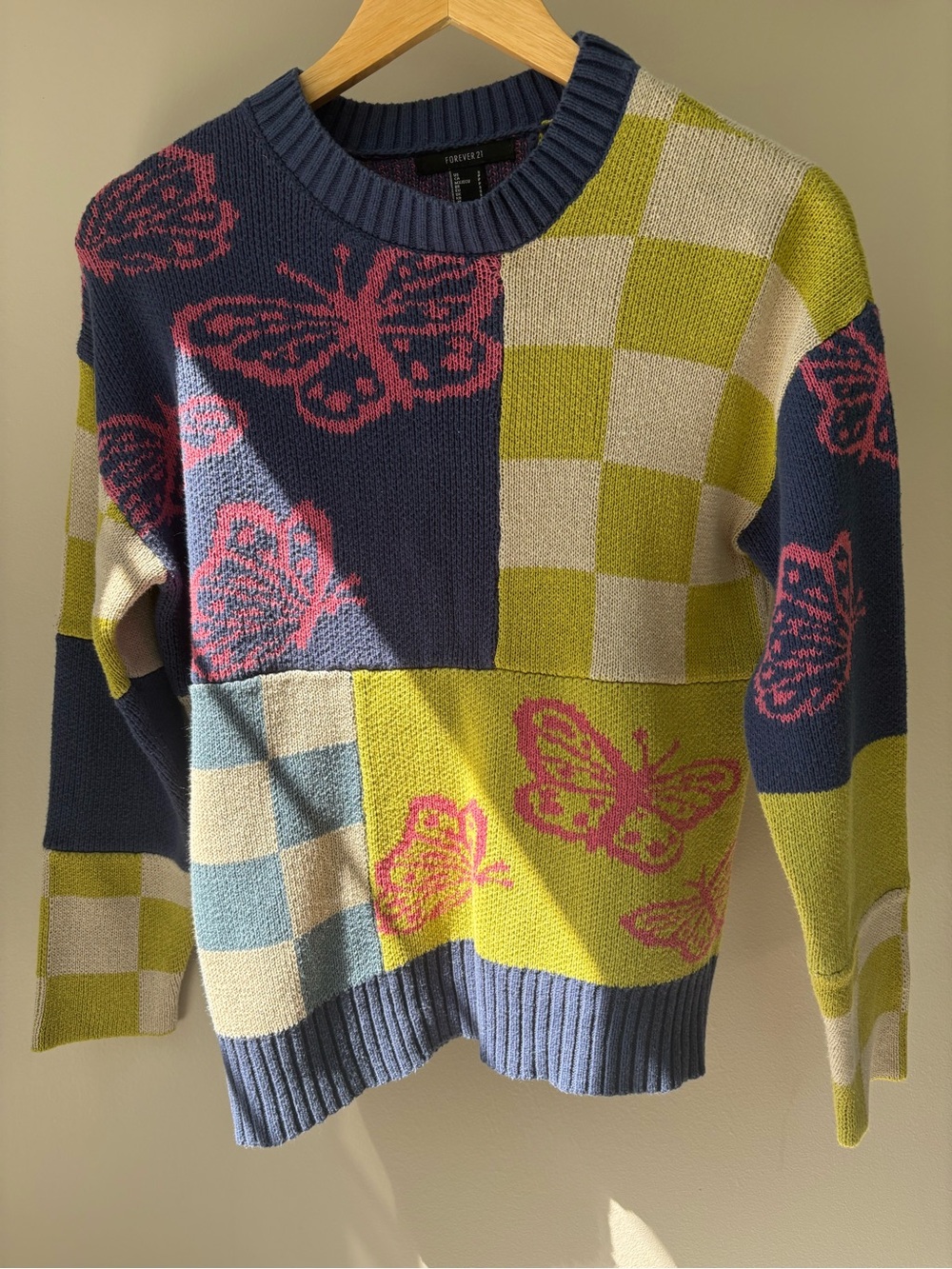 FOREVER 21 Colorblock Butterfly Knit Sweater Pop Art 70s 80s Size S